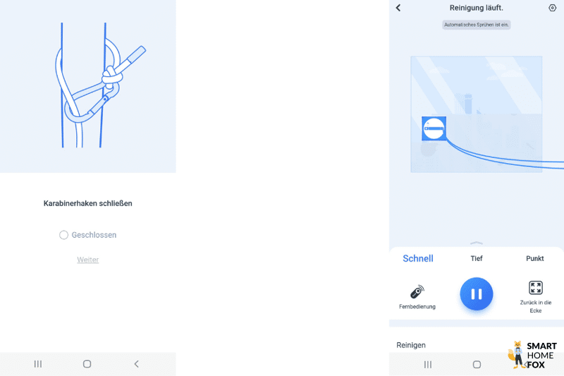 Es wird gezeigt, wie der Karabinerhaken des Ecovacs Winbot W1 PRO geschlossen werden soll
